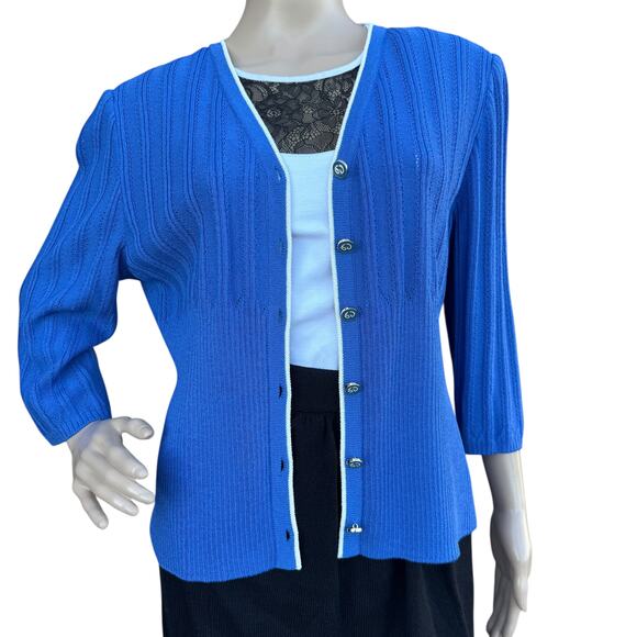 St. John Size 12 Cardigan Cobalt Blue Knited 3/4 Sleeve V-Neck Jacket CR 2003 - Picture 6 of 10